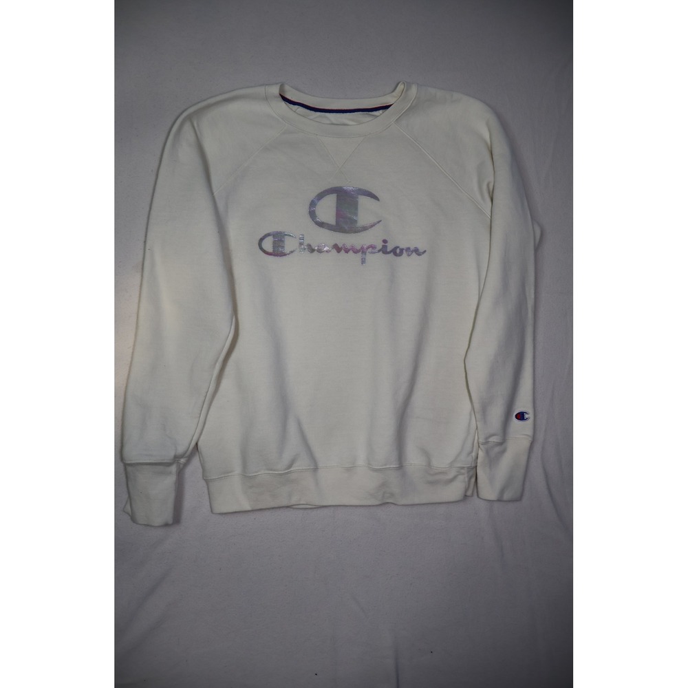 Champion Womens Cream White Iridescent Logo Fleece Sweatshirt Large Pullover